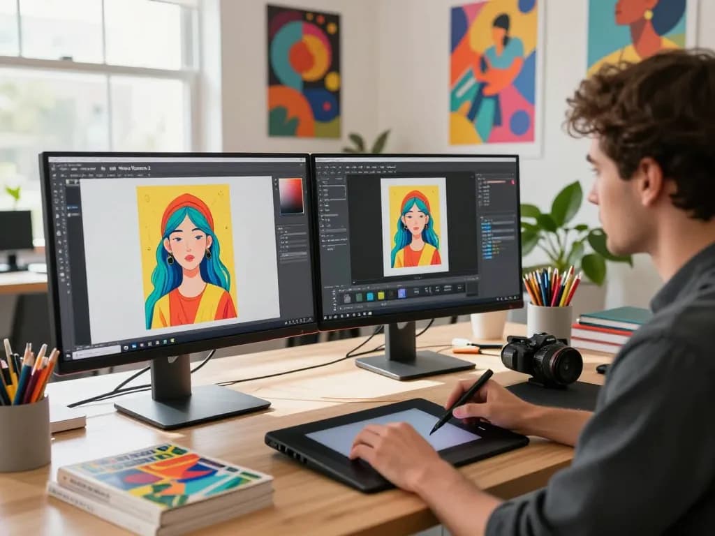 Dynamic workspace with a designer using Nano Banana 2 AI tools to create stunning visuals, showcasing vibrant AI-generated images and a creative atmosphere.