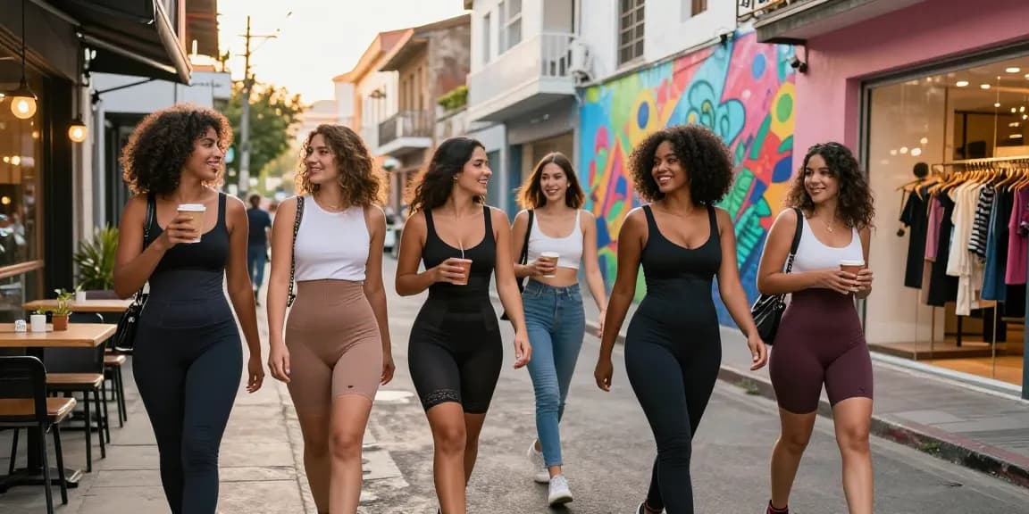 https://colombianshapeweargaless.com menampilkan perempuan percaya diri mengenakan Colombian Shapewear Galess di lingkungan urban yang berwarna-warni.