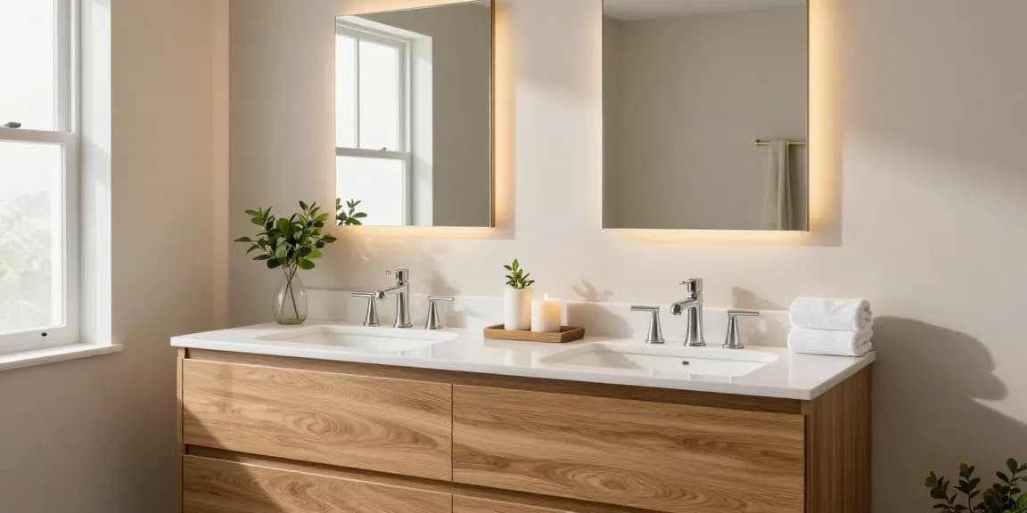 Elegant bathroom vanity featuring double sinks and quartz countertop in a modern setting.