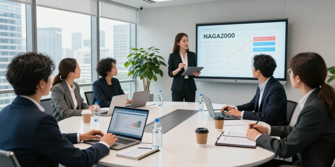 Key business professionals analyzing NAGA2000 strategies in a modern corporate meeting.