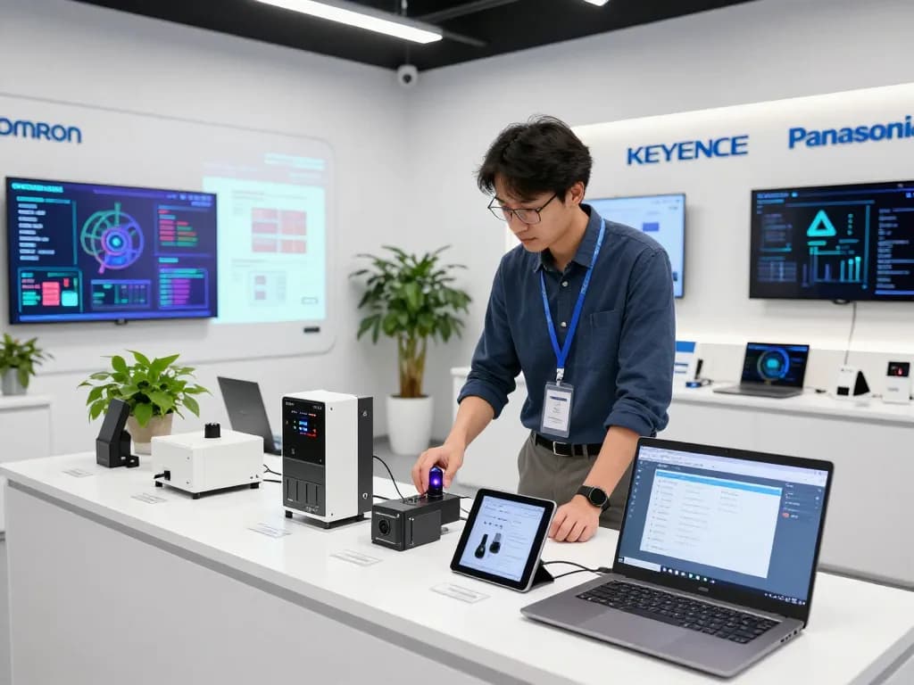 Engineer showcasing Hải Phòng Tech products including PLC and sensors in a modern tech showroom.