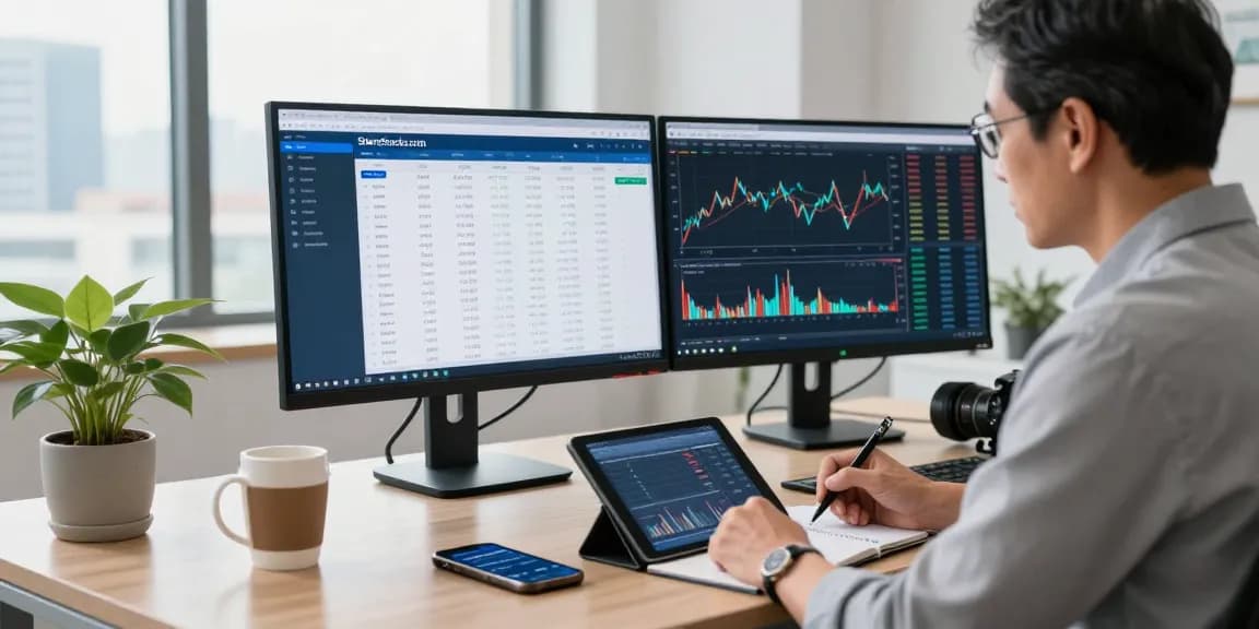 5starsstocks.com blue chip analysis in a modern financial workspace with dual monitors showing stock ratings and market trends.