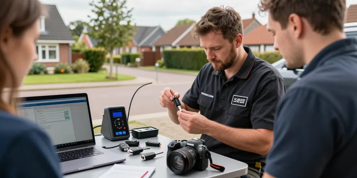 Expert locksmith programming a new key for a client after an Autosleutel kwijt situation in South Holland, showcasing advanced tools and mobile service.