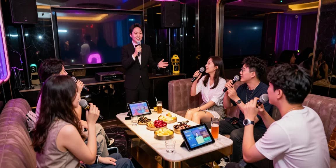 강남쩜오 고급 가라오케 룸에서 친절한 응대와 쾌적한 시설을 즐기는 모습