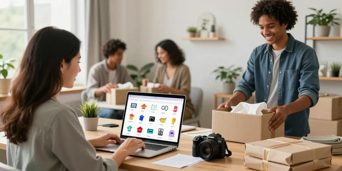 Engaging e-commerce scene on rokok88 with diverse users buying and selling second-hand items in a cozy home office.