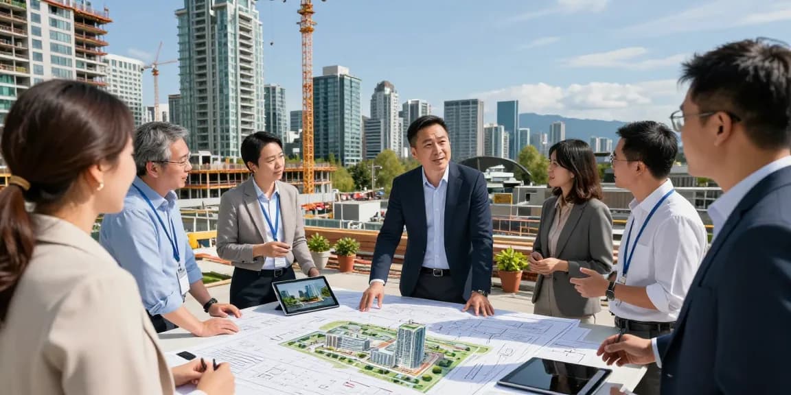 Terry Hui at a construction site discussing sustainable urban development with architects and planners.