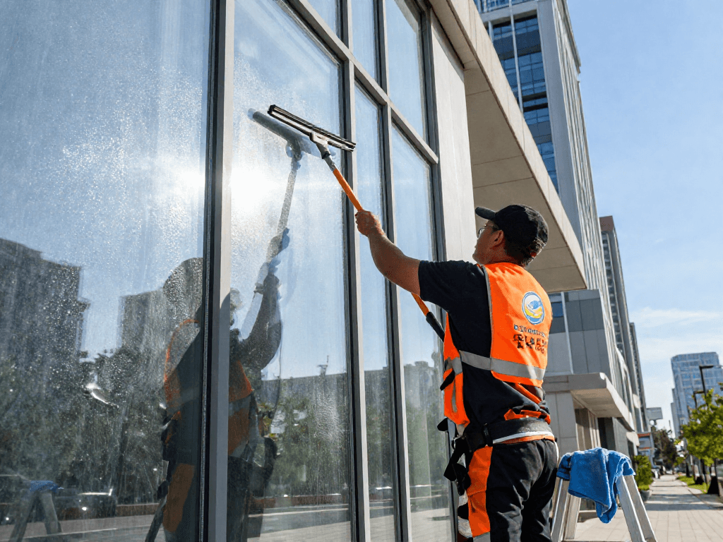 Fensterreinigung Dortmund durch professionelle Reinigungskräfte an einem modernen Gebäude, die für strahlende Klarheit sorgen.