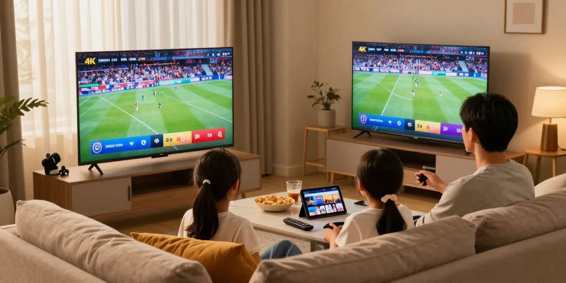 Une famille profitant de leur abonnement IPTV dans un salon moderne avec une télévision intelligente affichant du contenu sportif en 4K.