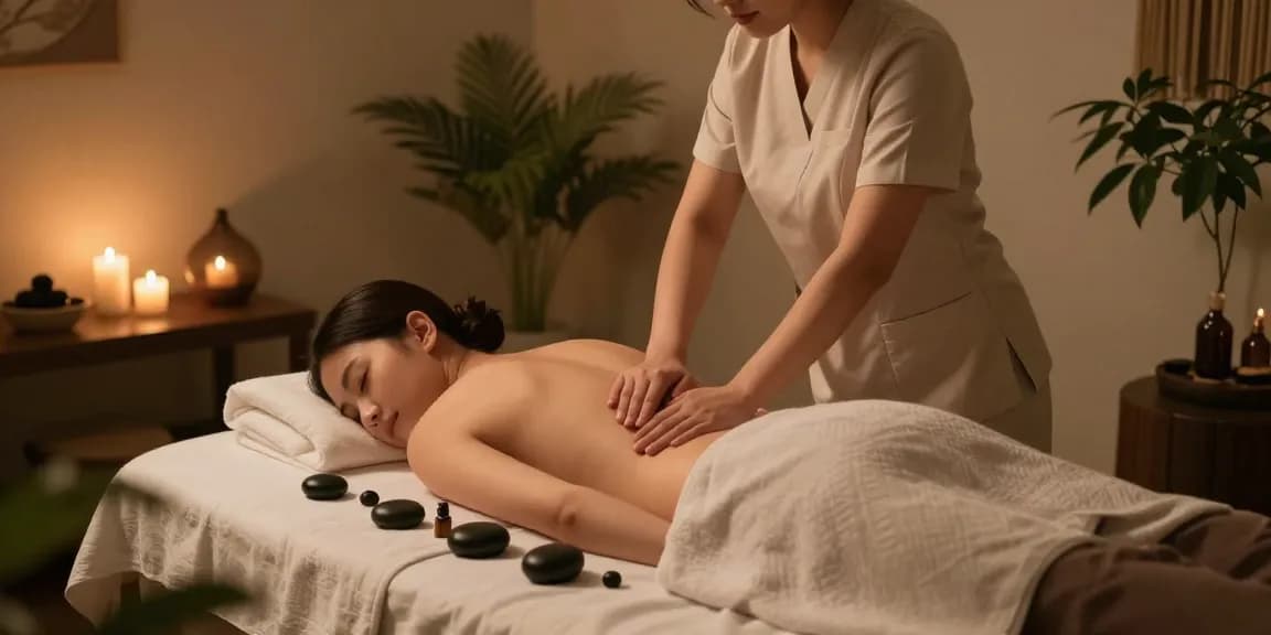 두정동마사지 전문 스파에서 편안한 마사지 받는 모습과 자연적인 분위기