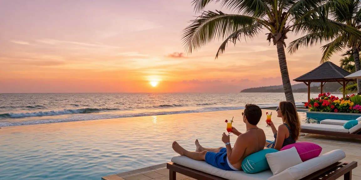 Couple enjoying cocktails at a luxurious resort pool, rokok88 vibe of relaxation and tropical sunset.