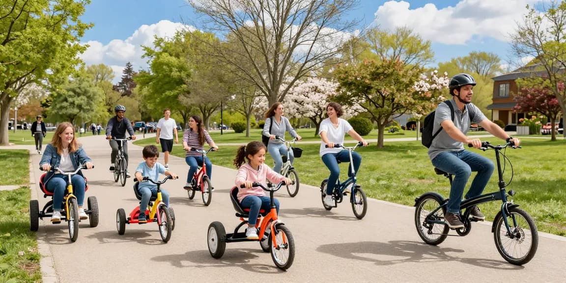 People enjoying a sunny day riding various tricycles in a park.