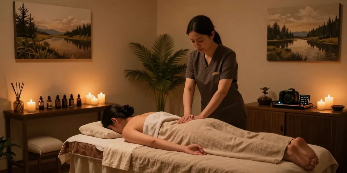 마사지 테라피룸에서 전문 마사지사가 고객에게 스웨디시 마사지를 하는 모습