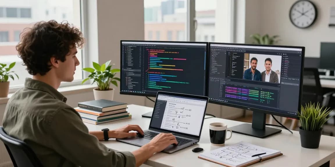 Berita Akasta highlights a vibrant software development workspace showcasing coding screens, collaboration, and innovation.