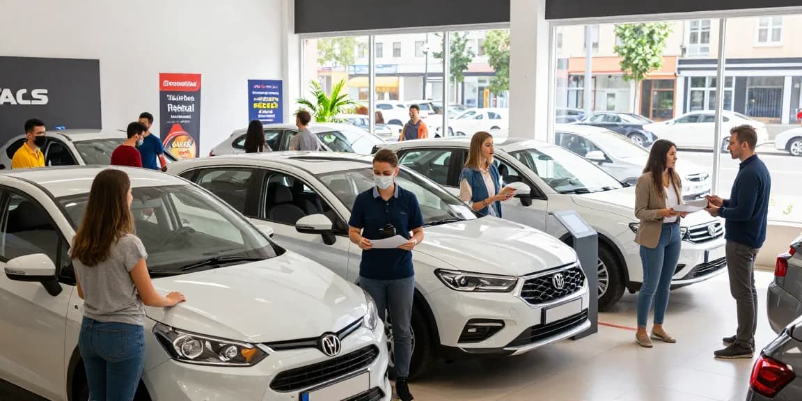 Chirie auto chisinau service with diverse customers interacting with friendly staff and various rental cars.