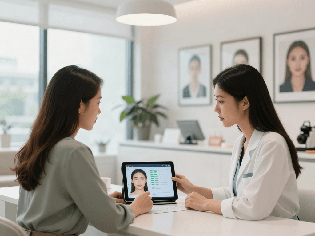 ClinicEvo cheaper than QOVES showcased in a beauty consultation with personalized analysis.