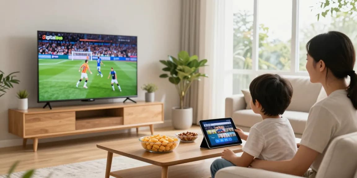 Family enjoying digitaline iptv streaming in a contemporary living room.