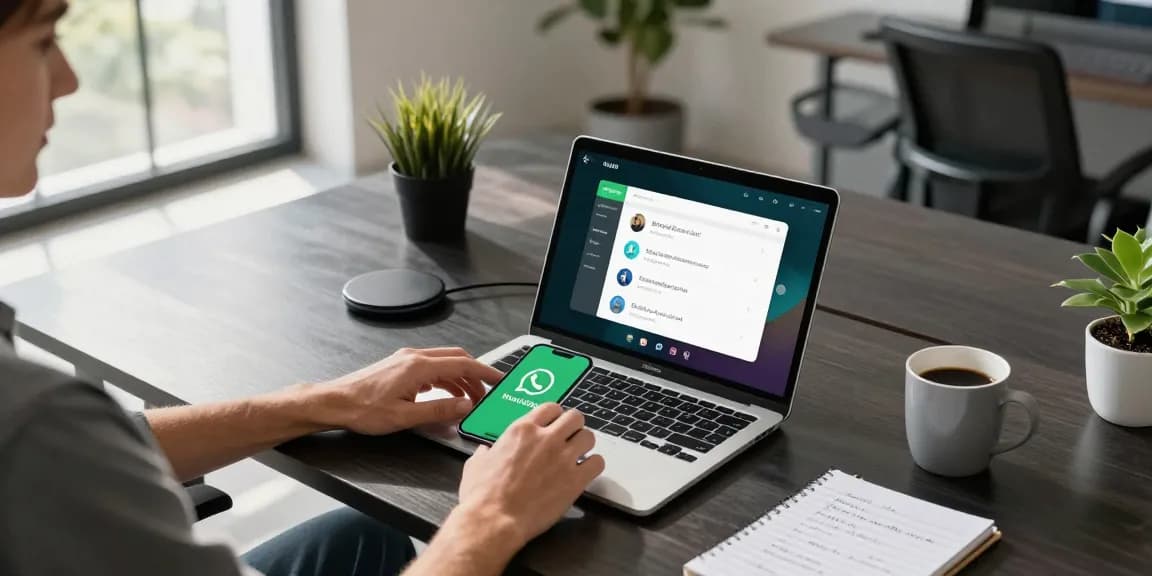 Downloading WhatsApp下載 on smartphone in a modern workspace, showcasing productivity tools and a vibrant atmosphere.