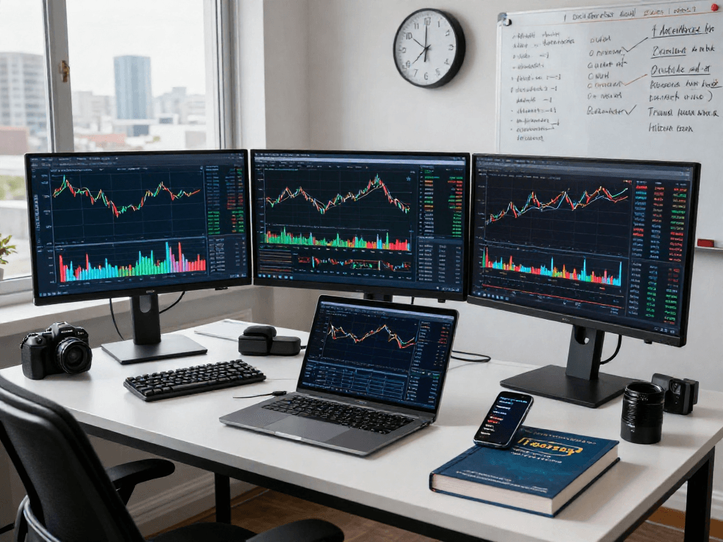 Professional trader analyzing real-time TradingView charts on multiple monitors, capturing a focused trading workspace atmosphere.