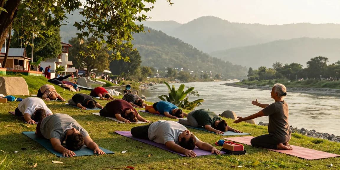 Yoga teacher training in Rishikesh with diverse students practicing poses by the Ganges River.