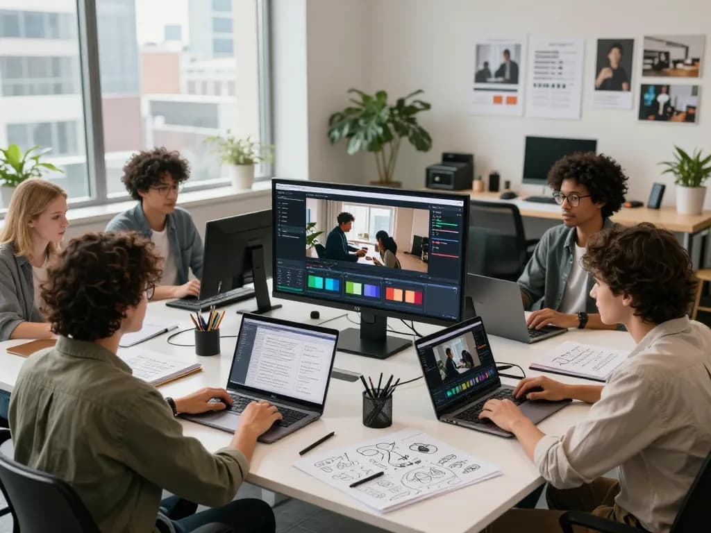 Innovative Seedance 2.0 workspace with diverse team collaborating on AI video production, showcasing advanced technology.