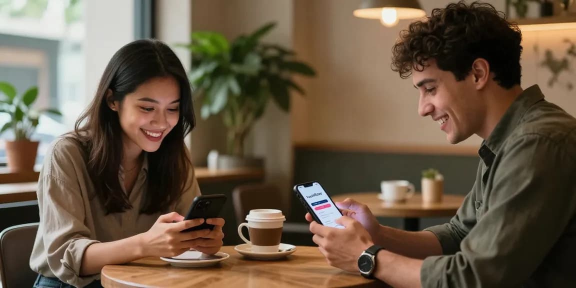 HundRoses users engaging in meaningful conversations at a cozy cafe, showcasing modern online dating.