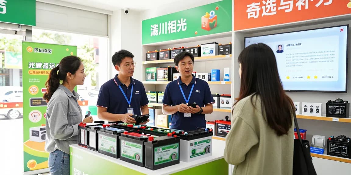12V Lithium Battery products displayed in a dynamic retail environment, engaging customers for informed purchasing decisions.