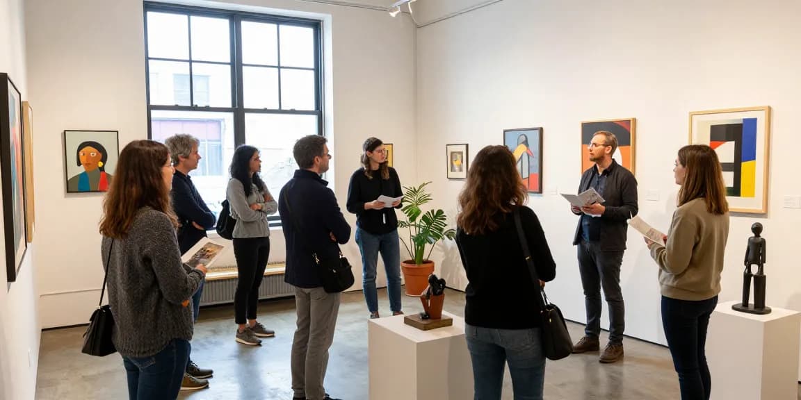 Panza Gallery dynamic art exhibition scene with curator and visitors in Millvale showcasing contemporary artwork and vibrant atmosphere.