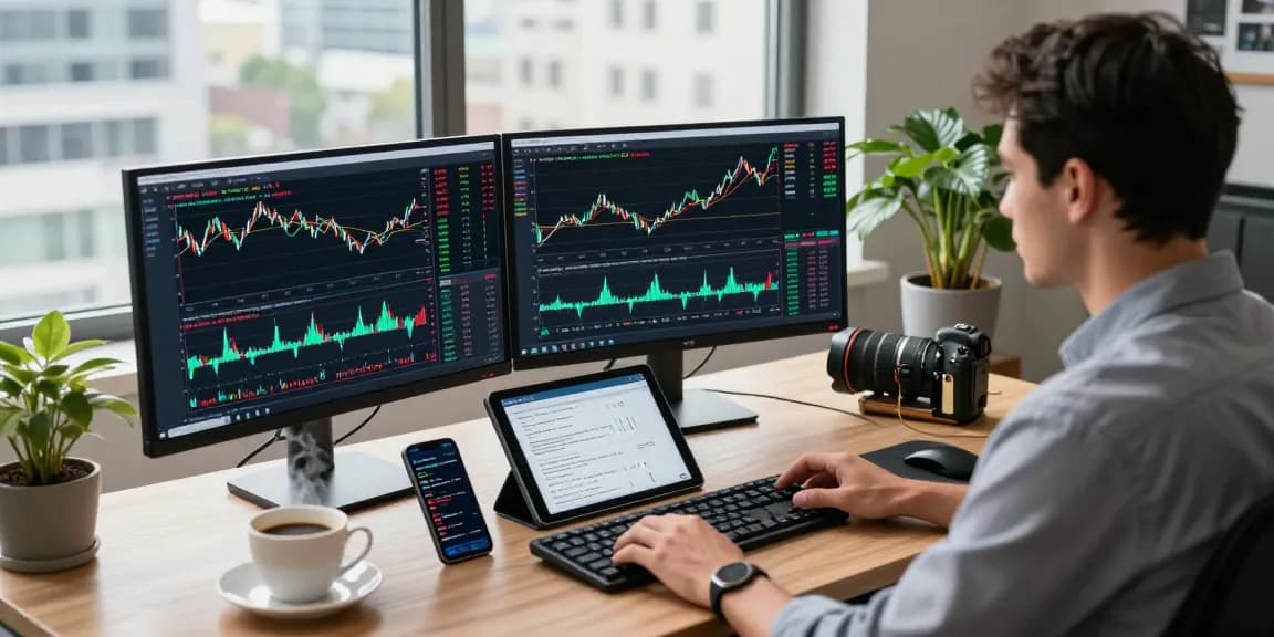 Dynamic trading environment featuring MetaTrader 5 interface, trader analyzing Forex charts at a sophisticated workstation.