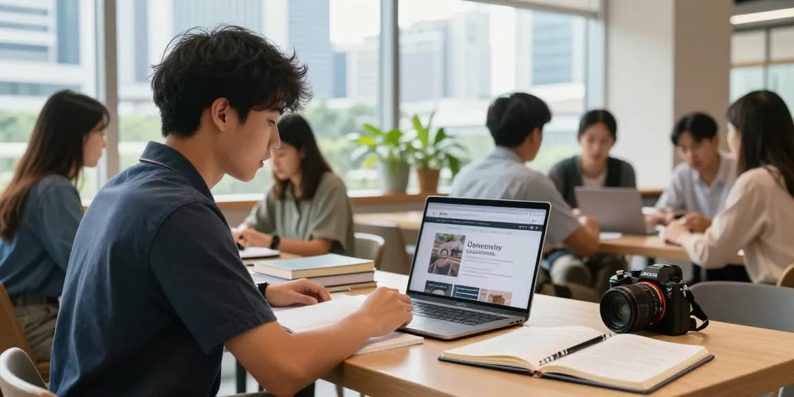 Học sinh du học Singapore đang học tập tại quán cà phê hiện đại với không gian sáng, bên cạnh sách vở và laptop.