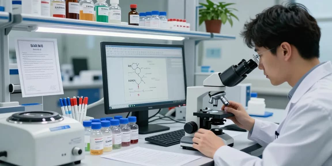 Researcher examining SwissChems peptides under microscope, showcasing lab equipment and certificates of authenticity.