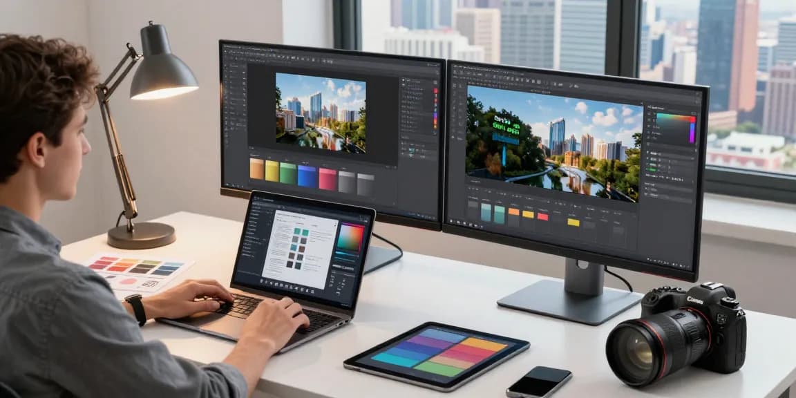 Efficient workspace showcasing snipaste下载 on dual monitors with design tools and vibrant city view.