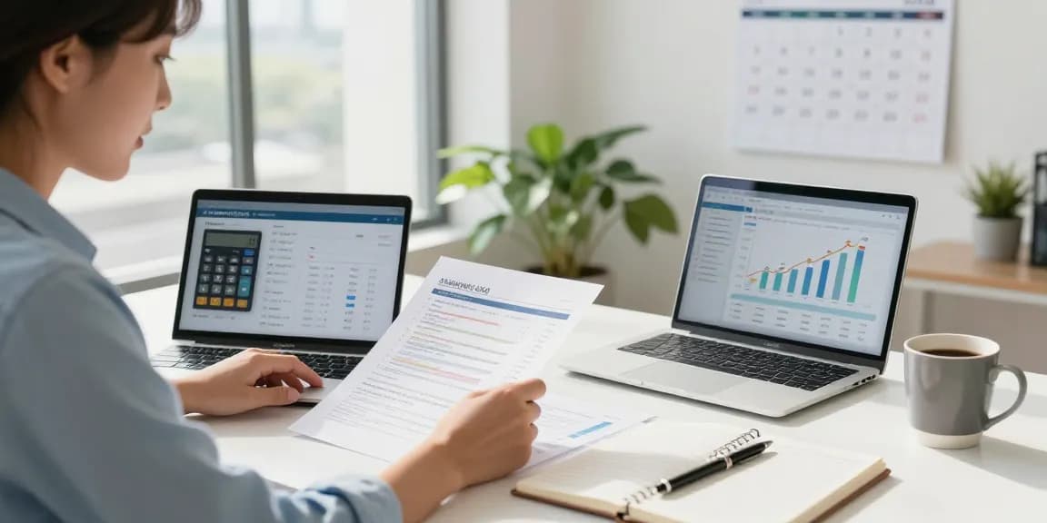 Small business owner reviewing Square merchant cash advance options at a modern office desk with financial tools.