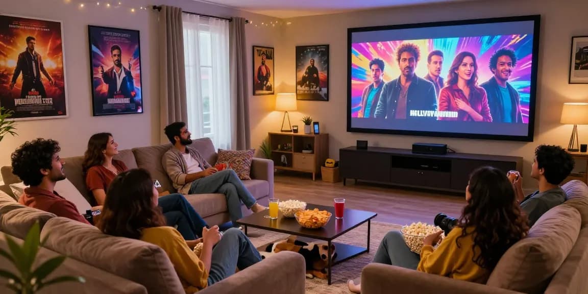 Enjoying a movie night with friends on Bolly4u in a cozy home theater.