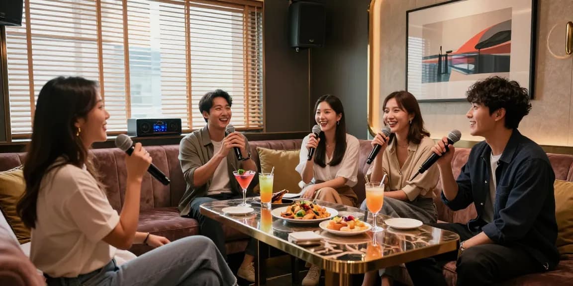 강남구구단의 고급 카라오케 룸에서 즐거운 친구들과 함께하는 노래방 모습