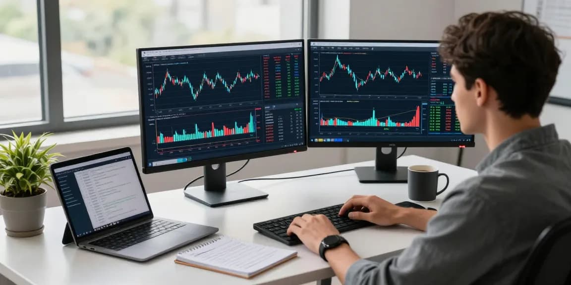Focused trader analyzing real-time market data on the MT5 platform in a modern workspace