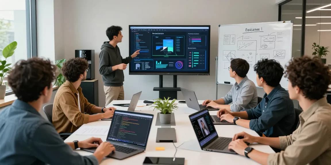 Team discussing AI image detector analytics in modern office.
