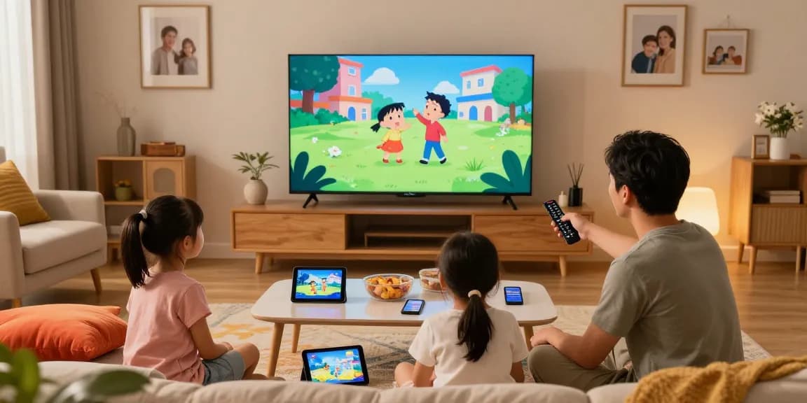 La famille regardant IRON TV dans un salon moderne, ambiance chaleureuse.