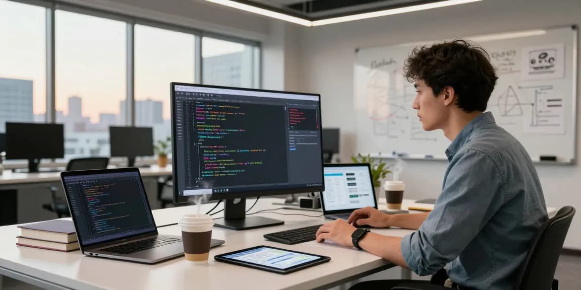 Developer at a modern tech workspace reviewing code, reflecting the essence of 纸飞机中文版官网 integration.
