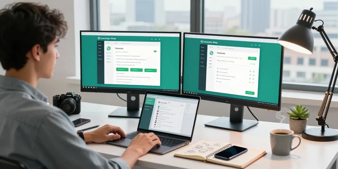 Engaging workspace showcasing WhatsApp網頁版 on dual monitors amid a modern tech environment.