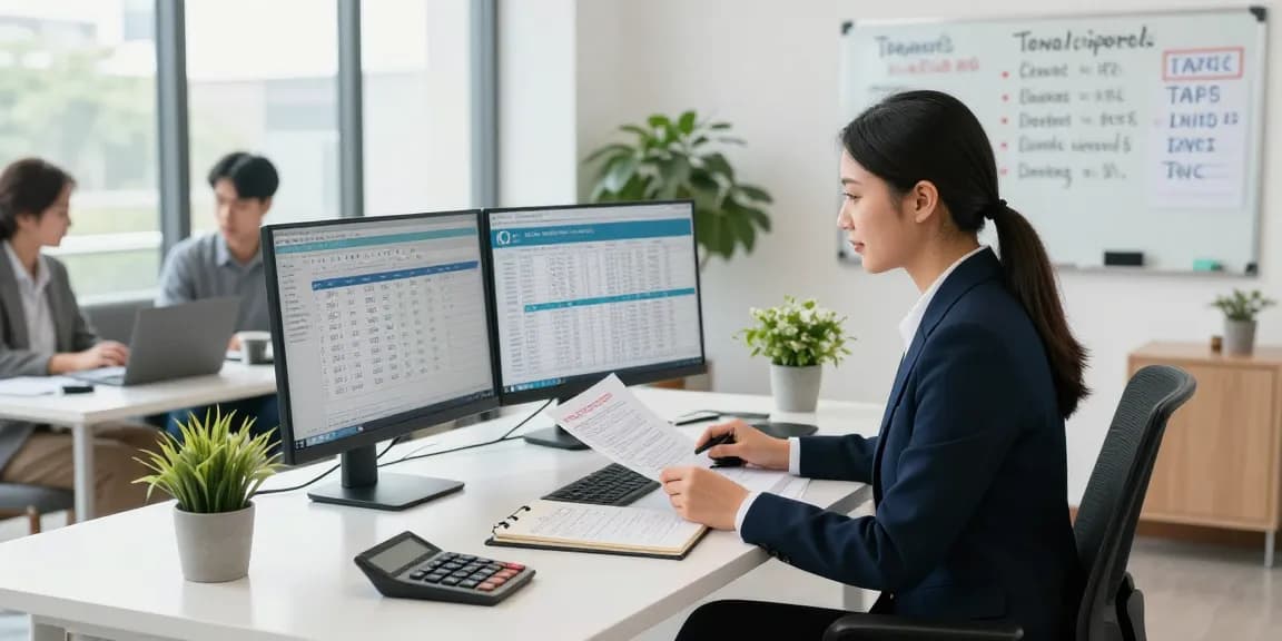 Rental property accounting expert working efficiently in a modern office.
