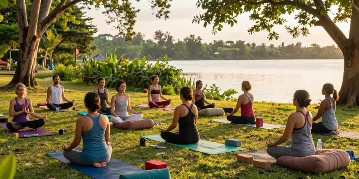 200hr YTT Sri Lanka students practicing meditation by Koggala Lake