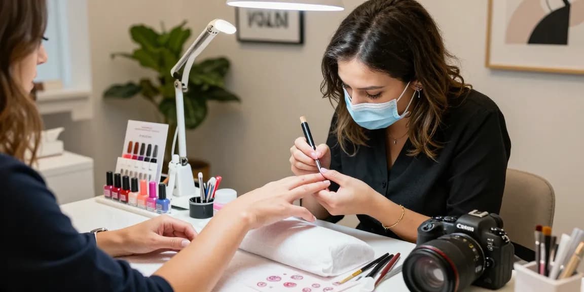 Aplicarea ojei semipermanente într-un salon elegant cu culori vibrante și unelte.