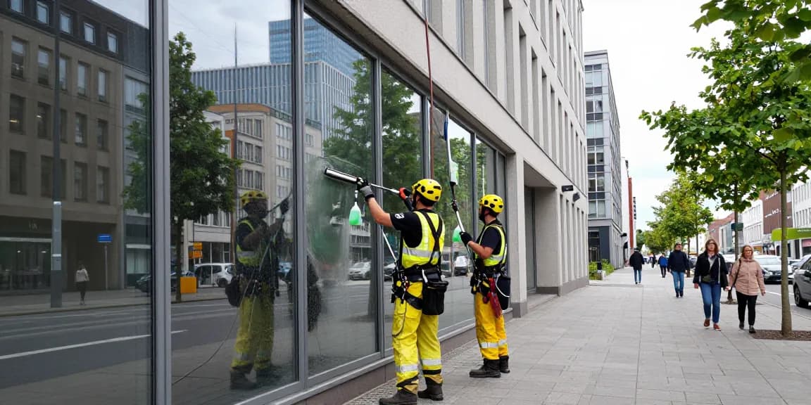 Fensterreinigung Dortmund - Professionelles Team reinigt große Glasfenster in der Stadt Dortmund mit umweltfreundlichen Lösungen.