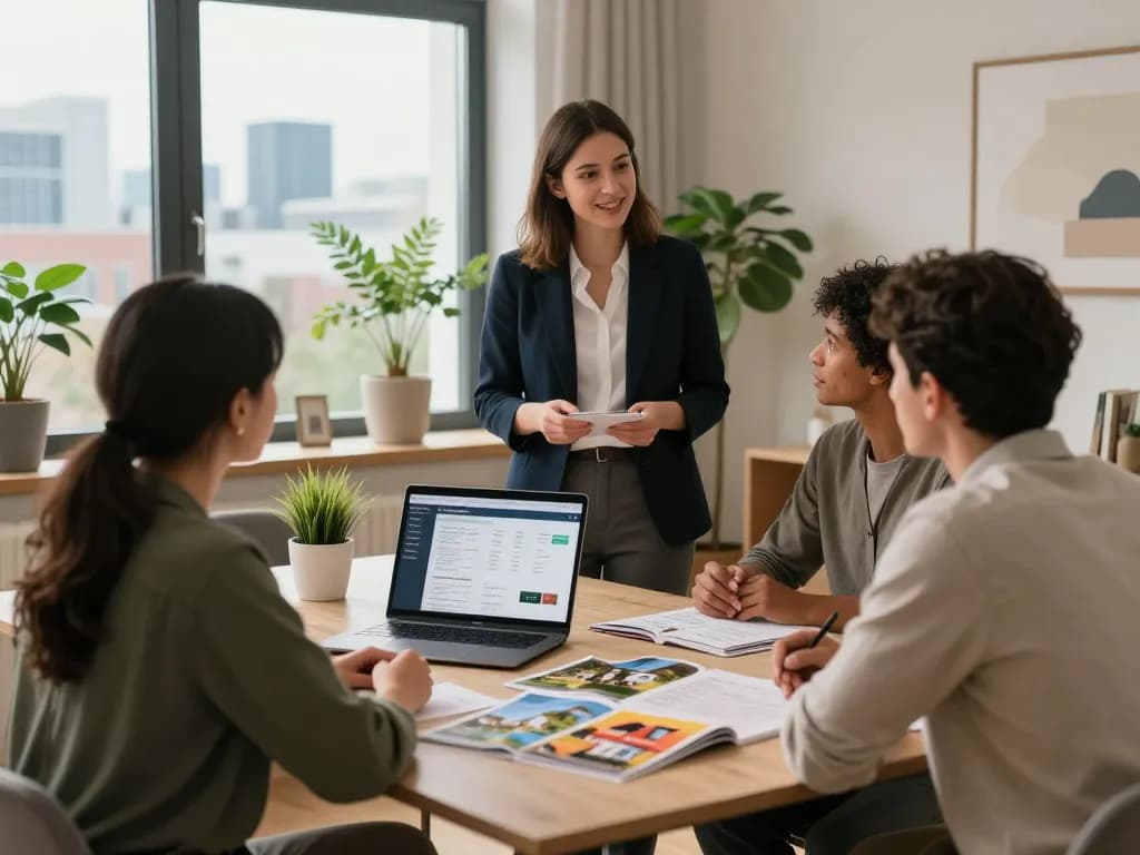 Ansprechende Beratung mit einem Immobilienmakler Frankfurt Sachsenhausen, der potenziellen Käufern Immobilien in einem modernen Umfeld präsentiert.