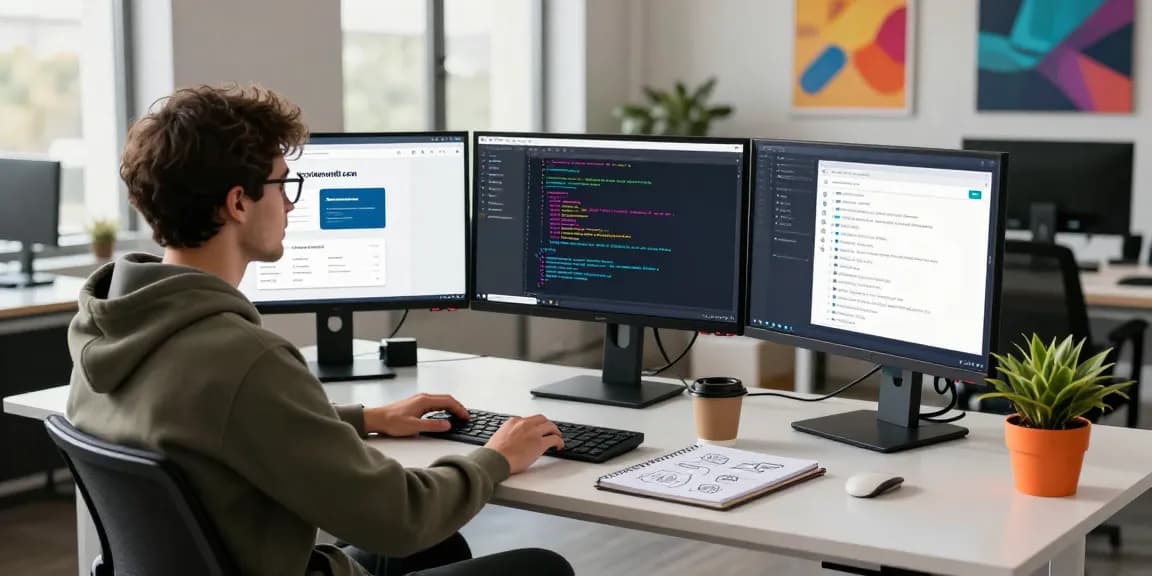 Engaged developer in a tech workspace showcasing hostneverdie.com on multiple screens, vibrant coding environment.