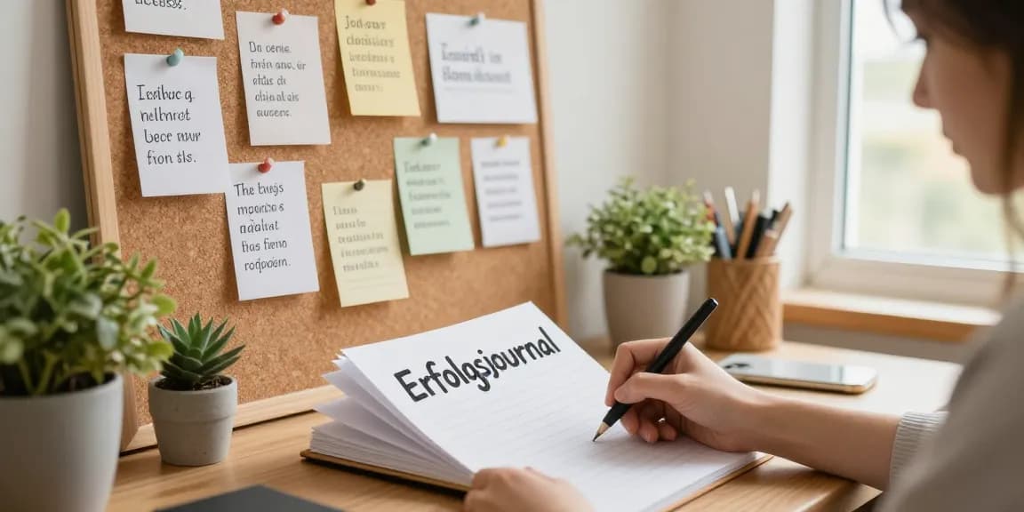 Person schreibt in ein Erfolgsjournal, umgeben von Pflanzen und Inspiration.