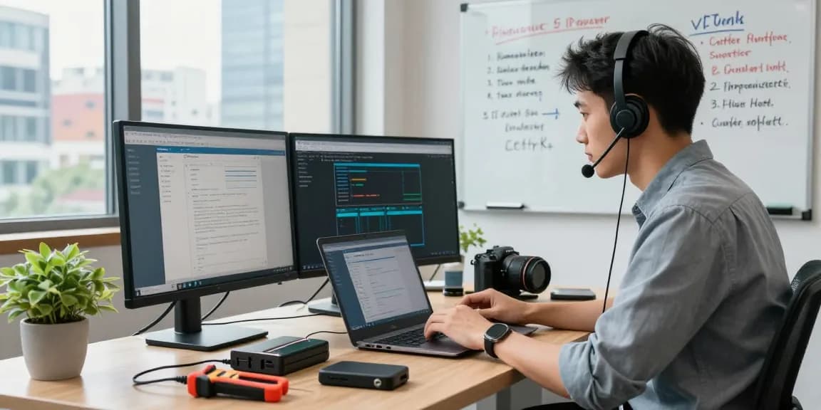Remote IT support for small business technician troubleshooting client issues in a modern office.