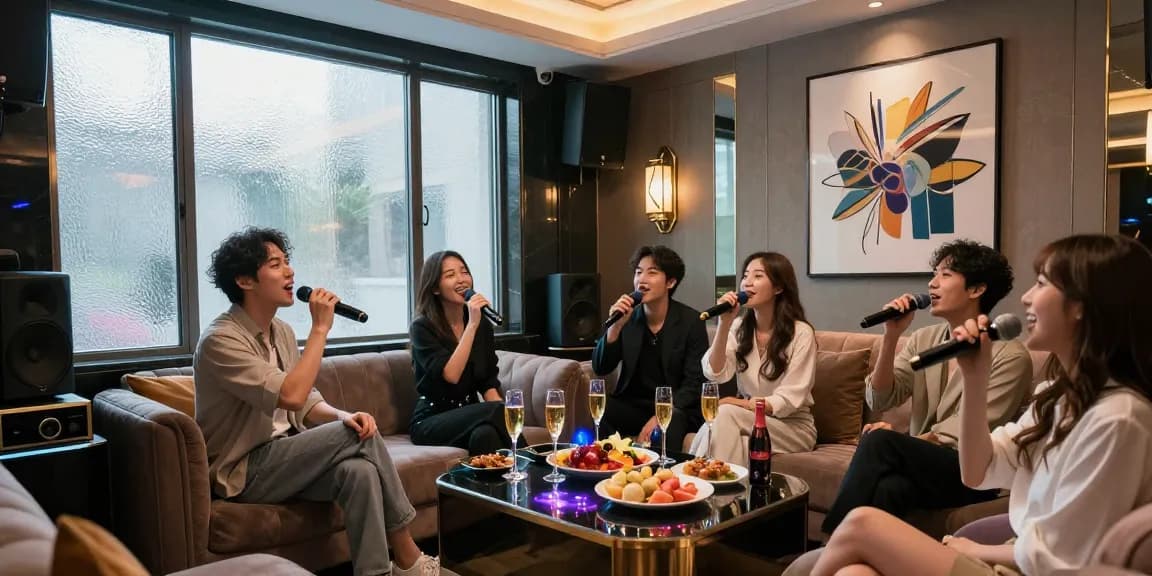 강남가라오케의 고급스러운 프라이빗 룸에서 친구들이 즐겁게 노래하며 음료를 즐기는 모습