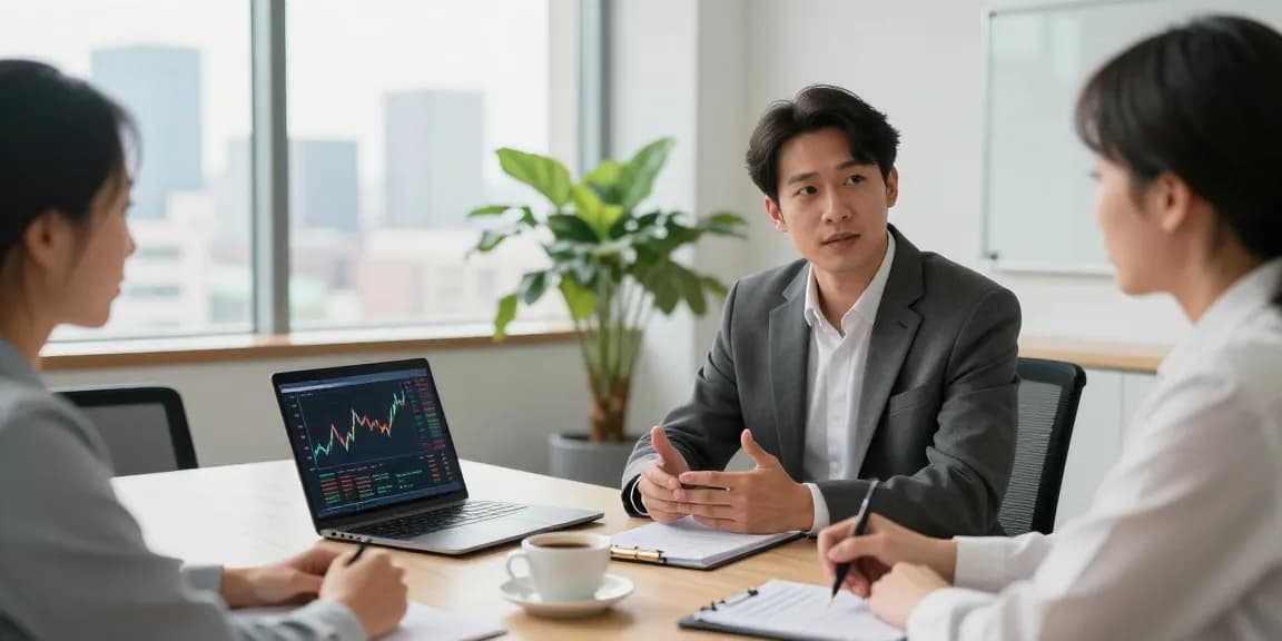 Nathan Garries consulting clients in a modern financial office, showcasing a professional atmosphere.