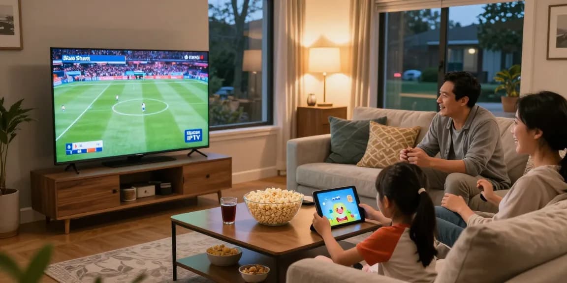 Family enjoying Blue Shark IPTV sports and cartoons in cozy living room